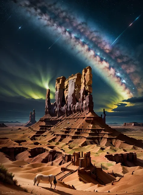 [stylized by Frederic Bazille| Antti Lovag], Drawing, landscape of a Monument Valley, Surreal and Romantic, Stars in the sky, Pop Art, Beautifully Lit, L USM