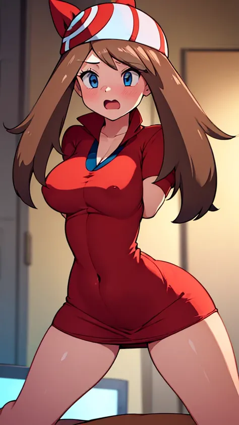 ((Girl having intense vaginal sex with man:1.3)), One girl, 22 years old, May Pokemon, red bandana, Brown Hair, short hair, Blue eyes, Big Breasts, Chest cleavage, Bounce, Thighs, indoor, 32K,Super detailed,Ultra-detailed, The perfect Mei, Red clothes,Navy...