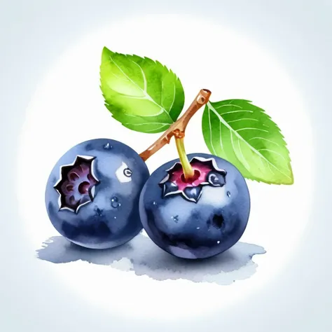 Bluberry fruit in watercolor style, against solid white isolated color