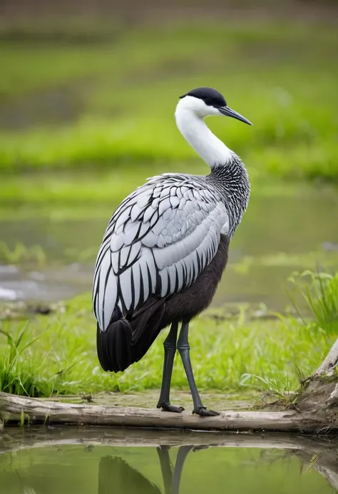 The animal Cygnus olor with a safety helmet and green inspector&#39;s vest 