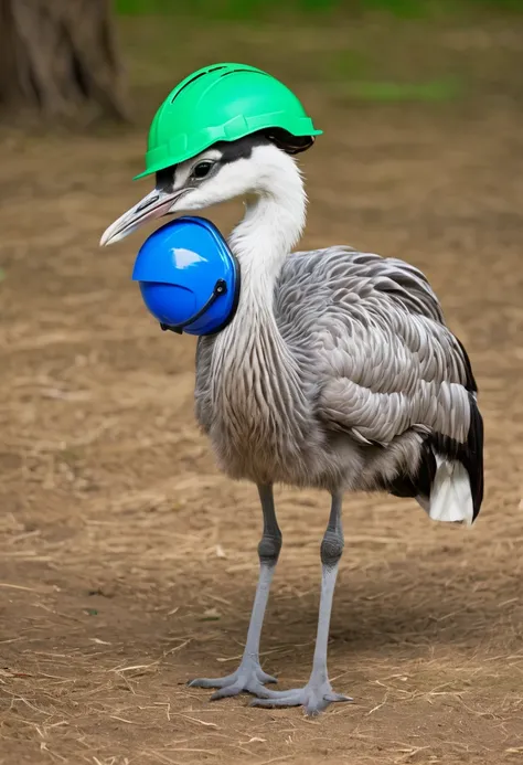 The animal Cygnus olor with a safety helmet and green inspector&#39;s vest 