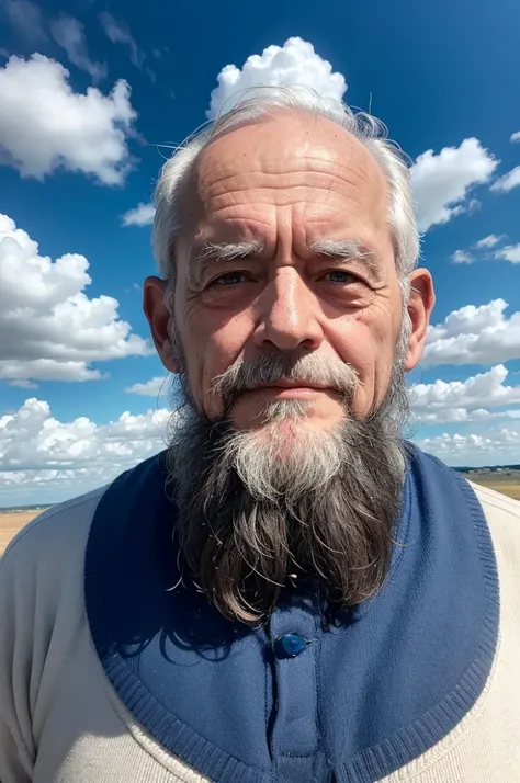 Blue sky with some clouds a landscape below the sky and the image of an elderly man visible features short beard only the head next to the image