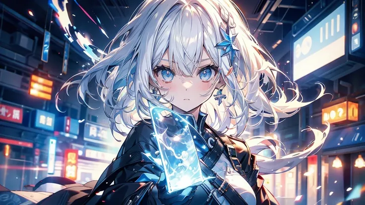 mystery。White hair girl。Detailed background。近未来のサイバースーツを着たWhite hair girlが戦闘体勢に入っているシーン。Behind is a hologram of a future city and neon lights.。