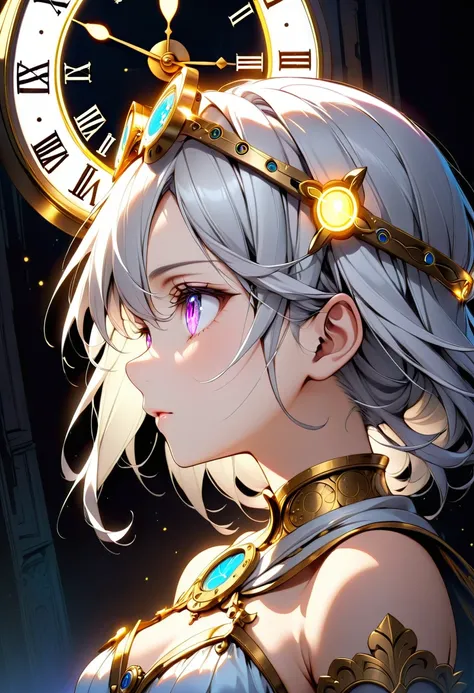 goddess、Eyes tinged with melancholy、profile、Silver Hair、Circlet、Neon-like light、The background is a close-up of an old clock、Bust Shot、The background is lit from above