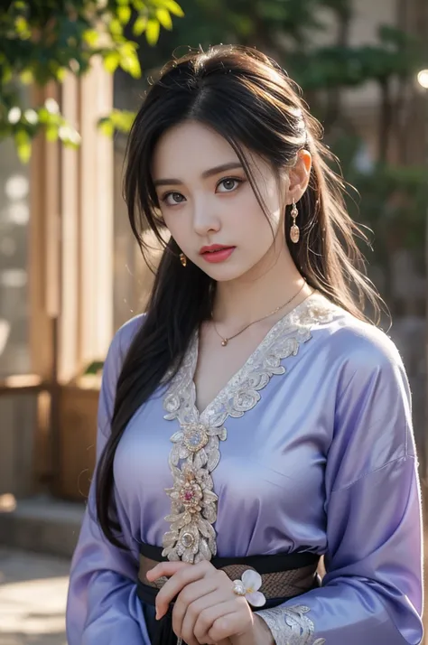 1 beautiful girl in Hanfu costume, ((black thin purple silk shirt with a lot of texture)), white lace top, long purple platinum ponytail Hair, Jewelry, ear jewelry, necklaces and necklaces, carefully drawn big purple eyes, makeup careful, thin eyebrows, hi...