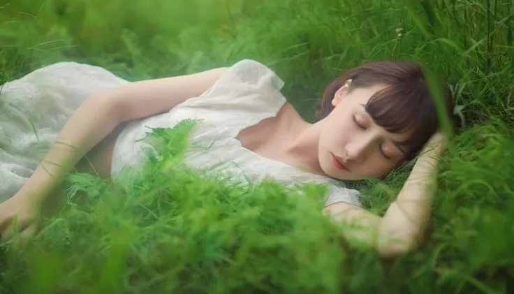 (masterpiece), highest quality, one girl, (sleeping in a forest of lush grass and leaves,happy sleeping face),realistic photos, ...