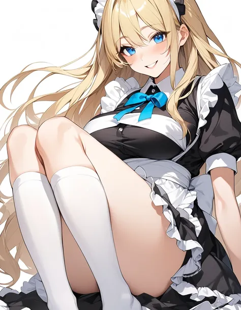 Beautiful girl in maid、(Top quality illustrations:1.2), (pretty girl:1.1), (1 girl、17 years old、Top quality illustrations:1.2), (1 girl、Kind eyes、blue eyes:1.2)、Blonde、Semi-long hair、Mature、Large Breasts、smile、(Black and white maid costume、White knee-high ...