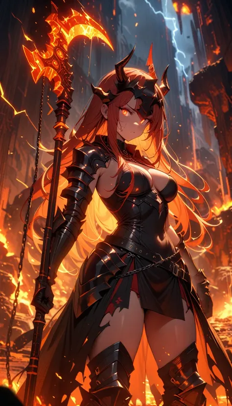 ((best quality)) , ((masterpiece)) , (detailed)，axe, 1girl, female focus, horns, glowing eyes, holding, beard, glowing, solo, weapon, holding axe, facial hair, fire, holding weapon, chain, looking at viewer, long hair, lightning,  red hair, horned helmet, ...