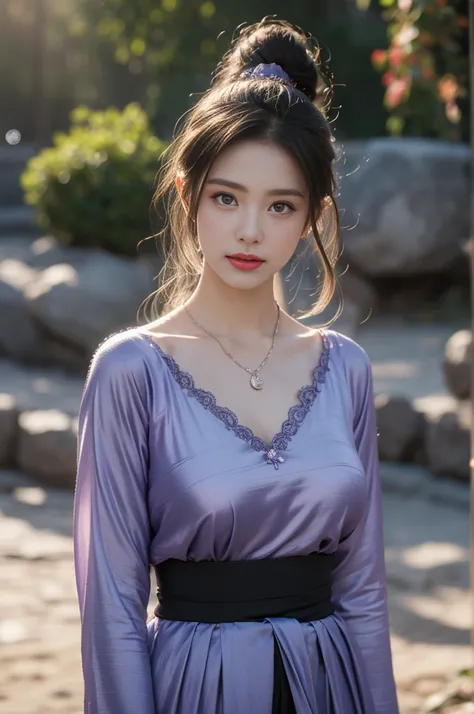 1 beautiful girl in Hanfu costume, ((black thin purple silk shirt with a lot of texture)), white lace top, long purple platinum ponytail Hair, Jewelry, ear jewelry, necklaces and necklaces, carefully drawn big purple eyes, makeup careful, thin eyebrows, hi...