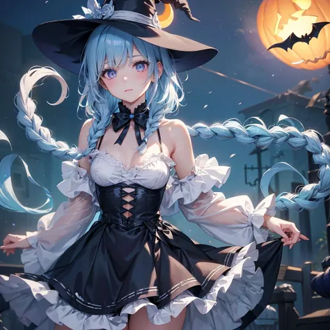 (Light blue medium hair:1.2),(Braided hair:1.2)、Pink eyes、Fair skin、cowboy shot、Halloween、The background is a pumpkin ghost、Crescent Moon、Trick or Treat、A lot of sweets、witch、Halloween night、Candy、many bat、Condescending expression、solo、(masterpiece、Highest...