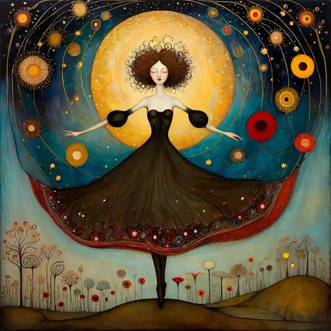 Art style of Klimt, Sam Toft, Florine Stettheimer, Dina Wakley, Catrin Welz-Stein, Gabriel Pacheco, Elisabeth Fredriks. A woman with bare breasts and dark blond hair, dances with uplifted arms against the backdrop of a starry sky that merges into a swirlin...