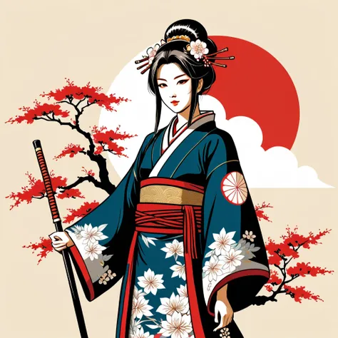 paladin in japanese folk outfit, vector graphics, strong contours
