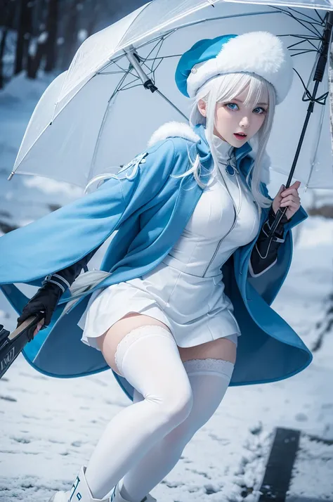 white-haired murderous ice witch girl ,blue overcoat,light blue beret,white pantyhose, White Boots,and white umbrella with blood