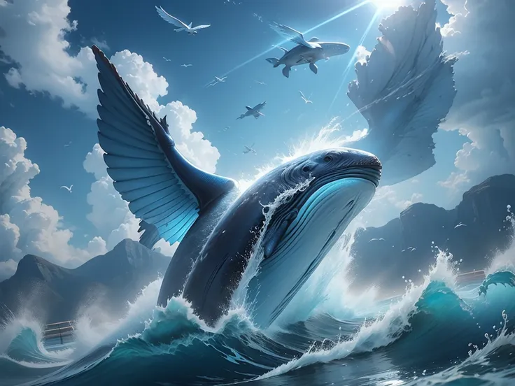 Blue whale with white mecha wings flying from the sea to the sky, best quality, high detailed, masterpiece, cinematic lighting, dynamic pose, dynamic compositions, sunlight behind, whale:1.4, wings:1.2, splashing:1.2,water:1.2, realistic