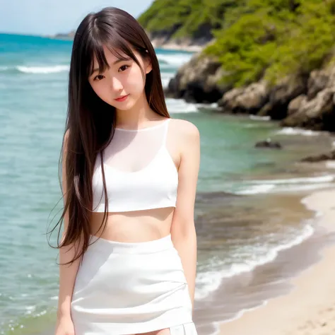 A beautiful 25-year-old Japanese white girl, with long hair, a thin figure, wearing a short white skirt and a top, dress is little transparent, on the beach, standing ((best quality)), ((masterpiece)), (detailed), perfect face, capture to thighs, slightly ...