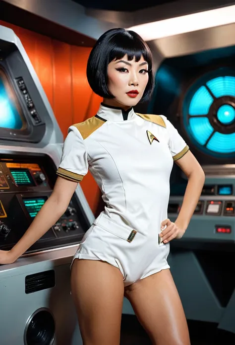 provocative, sexy, very sexy, flirtatious, arousing, revealing, sensuous, teasing ((wearing star trek original series 70s once piece very short mini dress bridge crew uniform)) exposing underwear, (asian crew member with bob haircut and slim figure) ((in t...