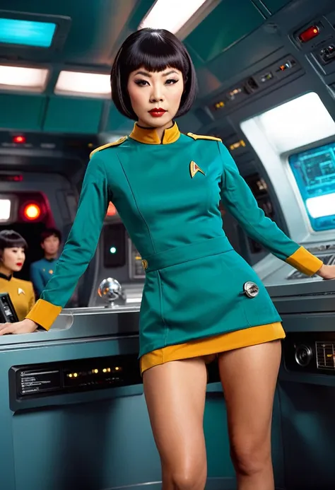 provocative, sexy, very sexy, flirtatious, arousing, revealing, sensuous, teasing ((wearing star trek original series 70s once piece very short mini dress bridge crew uniform)) exposing underwear, (asian crew member with bob haircut and slim figure) ((in t...