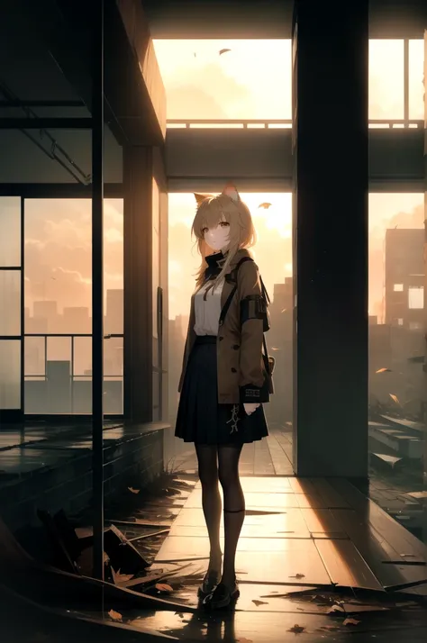 1girl, an anime-style character, female, standing on a ledge overlooking a city in a state of disrepair. the character has cat e...