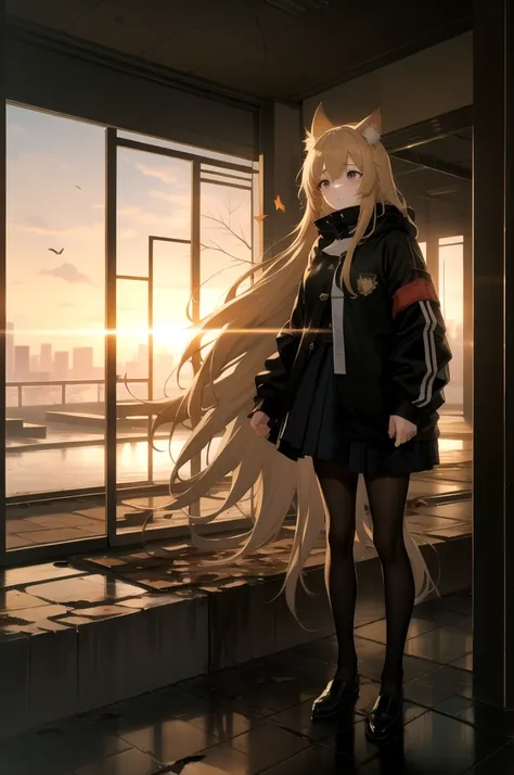 1girl, an anime-style character, female, standing on a ledge overlooking a city in a state of disrepair. the character has cat e...