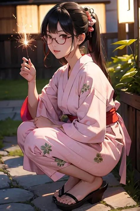 Highest quality、masterpiece、High sensitivity、High resolution、Detailed Description、Slender women、Glasses、Sparkler、Squatting in a yukata、Wearing Geta、