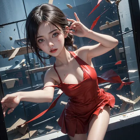 （best quality，Ultra-fine，Fidelity：1.37），beautiful girl，（Sniper pose），Red viscous liquid oozes from scratches on face，close up。Bullets flew through the air，broke the glass。Instant capture，penetrating glass shards，Detailed bullet trajectories，slam，Shards of ...