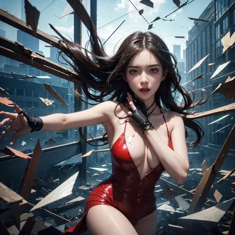 （best quality，Ultra-fine，Fidelity：1.37），beautiful girl，（Sniper pose），Red viscous liquid oozes from scratches on face，close up。Bullets flew through the air，broke the glass。Instant capture，penetrating glass shards，Detailed bullet trajectories，slam，Shards of ...