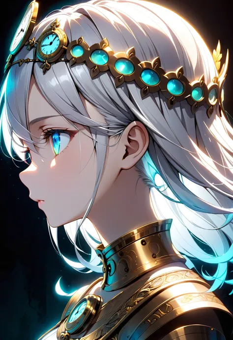 goddess、Eyes tinged with melancholy、profile、Silver Hair、Circlet、Neon-like light、The background is a close-up of an old clock、Bust Shot、The background is lit from above