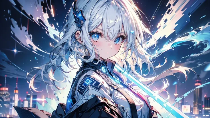 mystery。White hair girl。Detailed background。近未来のサイバースーツを着たWhite hair girlが戦闘体勢に入っているシーン。Behind is a hologram of a future city and neon lights.。