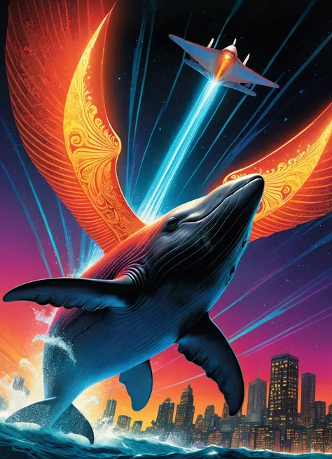 (Flying Whale), in the style of laser lighting, focused light beams, vibrant light patterns, colored laser lights, danger, pulp comics, pulp art, hyper-realistic manga style, lurid, magazine cover imagery, dynamic composition, full body, award-winning, cin...