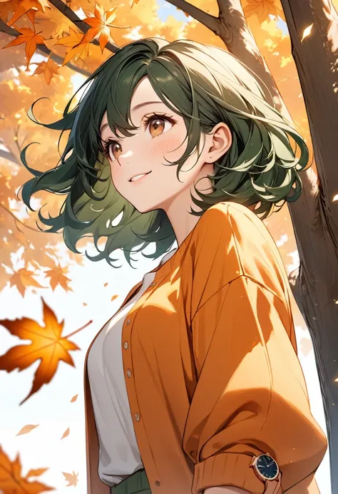 8k, Female model, dark green short wavy hair, Brown eyes, soft smiling, looks up at the sky, Thu, clothes in orange tones, watch the leaf fall from the tree 