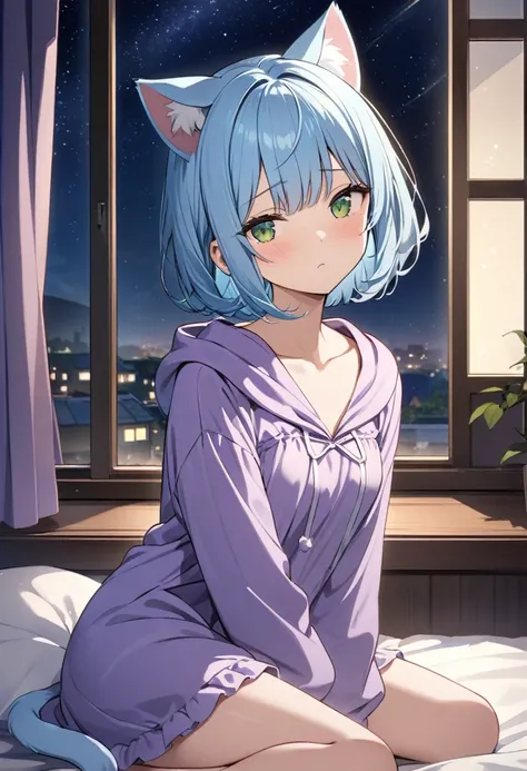 Highest quality、Light blue hair、Short Bob、Deep green eyes、Small breasts、She wears a purple nightgown over a cat ear hoodie、Bed at night、Outside the window is a starry sky、Looks sleepy