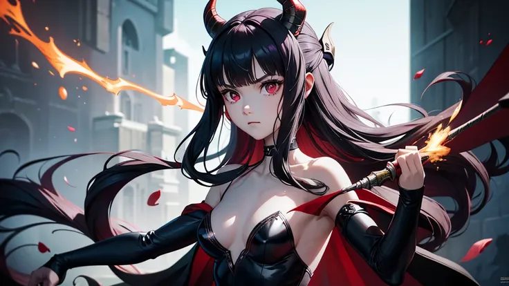 1girl, solo, absurdres, best quality, human demon hybrid, black long hair, demon arms, black horns, glowing red eyes, (((skinny)...