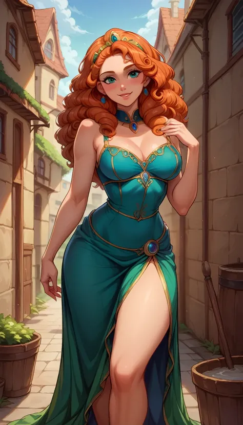 Score_9, score_8_up, score_7_up, rating explicit, source_comic, detailed soft lighting, 1girl, (Disneys Merida, orange-red hair, curls, green dress:1.0), large breasts, BREAK smile, beautiful eyes, open eyes, (masterpiece, best quality, highly detailed, be...