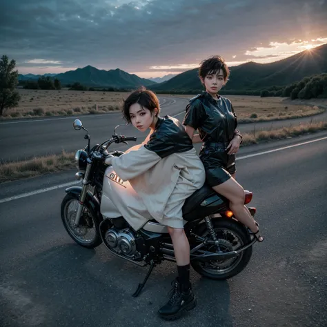 Woman with short hair on her back on a long road at dusk 