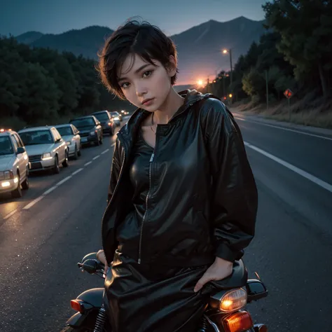 Woman with short hair on her back on a long road at dusk 