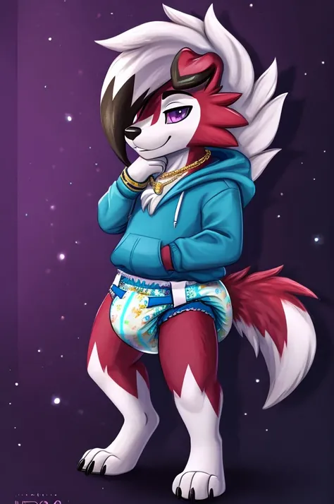  A dark purple Midnight femboy lycanroc wearing a blue and purple hoodie and diaper and white socks with black stripes and a gold necklace on his neck and with bracelets on his arms 