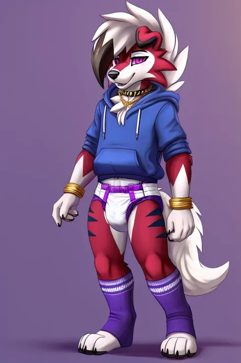  A dark purple Midnight femboy lycanroc wearing a blue and purple hoodie and diaper and white socks with black stripes and a gold necklace on his neck and with bracelets on his arms 