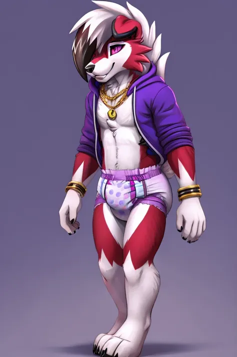  A dark purple Midnight femboy lycanroc wearing a blue and purple hoodie and diaper and white socks with black stripes and a gold necklace on his neck and with bracelets on his arms 