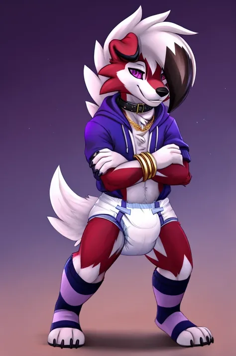  A dark purple Midnight femboy lycanroc wearing a blue and purple hoodie and diaper and white socks with black stripes and a gold necklace on his neck and with bracelets on his arms 