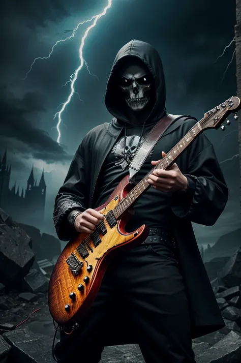 Create a hyper realistic image in the same style as the provided image, which features a large stylized letter R with a dark, fantasy theme. Include a figure wearing a hooded garment and holding an electric guitar, with elements of gothic or dark fantasy s...