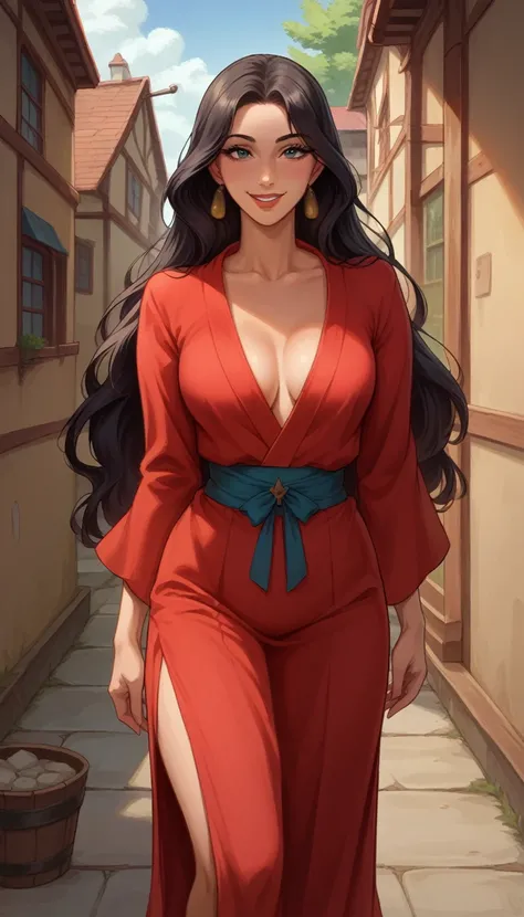 Score_9, score_8_up, score_7_up, rating explicit, source_comic, detailed soft lighting, 1girl, (Disneys Mulan, black hair, long flowing hair, highly detailed red kimono:1.0), large breasts, BREAK smile, beautiful eyes, open eyes, (masterpiece, best quality...