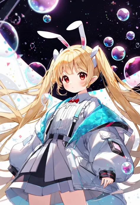 1girl, ,little_girl,ruby, blonde hair, twintails, bangs, red eyes, very long hair, crystal bunny ears, futuristic rabbit ears, wide sleeves, very short jacket, open jacket, white jacket, suspenders, futuristic outfit, bubbles, a space background in the bac...