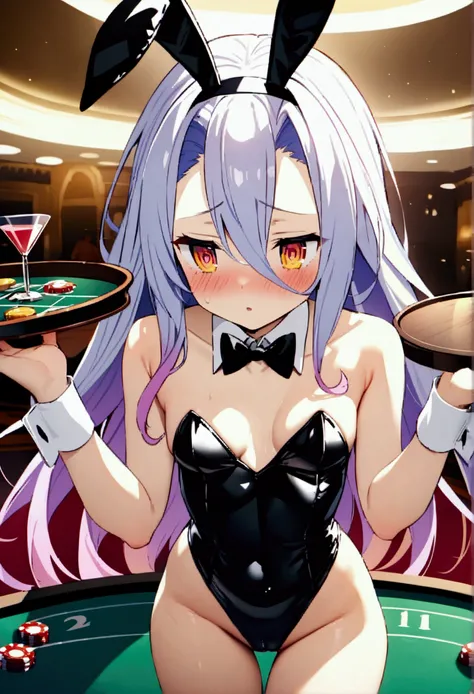 NSFW,masterpiece,Highest quality,High resolution,Very detailed,white(no game No life),Small breasts,Bunny ears,Playboy Bunny,casino,Holding Tray,blush,Are standing