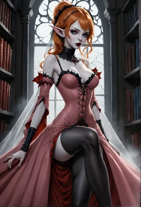 arafed a picture of elf vampire in her castle. an exquisite beautiful female elf vampire (ultra details, Masterpiece, best quality), full body, ((anatomically correct: 1.5) bloody mouth, orange hair, pale skin, hair in a ponytail, long hair, blue eyes, (sm...