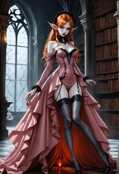 arafed a picture of elf vampire in her castle. an exquisite beautiful female elf vampire (ultra details, Masterpiece, best quality), full body, ((anatomically correct: 1.5) bloody mouth, orange hair, pale skin, hair in a ponytail, long hair, blue eyes, (sm...