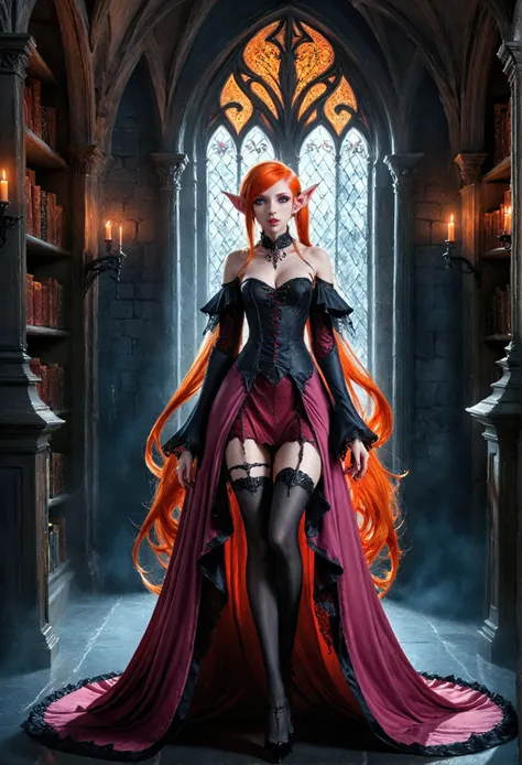 arafed a picture of elf vampire in her castle. an exquisite beautiful female elf vampire (ultra details, Masterpiece, best quality), full body, ((anatomically correct: 1.5) bloody mouth, orange hair, pale skin, hair in a ponytail, long hair, blue eyes, (sm...