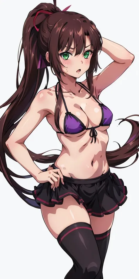 masterpiece, best quality,1girl,solo,kirasaka sayaka,brown hair,long hair,ponytail, hair ribbon, green eyes,,purple thighhighs, wariza, (bikini). 