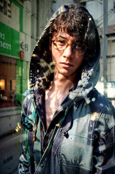 ((cpzrinn)), Photorealistic, (close up: 1.5), (face exposed), (20 year old young man), (walking on the street: 1.2), (wearing a hooded sweater:1.5), (wearing round gold glasses: 1.5), man wearing wet outerwear, heavy rain background, dubnitskiy david fanar...