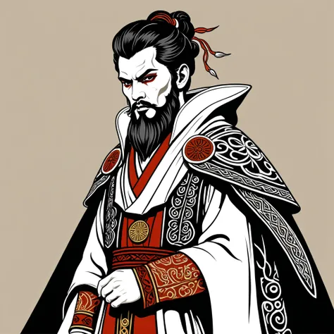 japanese warlock in greek folk outfit, vector graphics, strong contours
