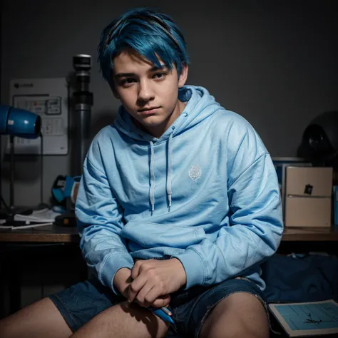 A 16 year old boy with blue hair and a white hoodie and his name is Mike and is sitting in a dark studio looking forward and theres a sketchbook and a pen on the desk and is in a dark place .   